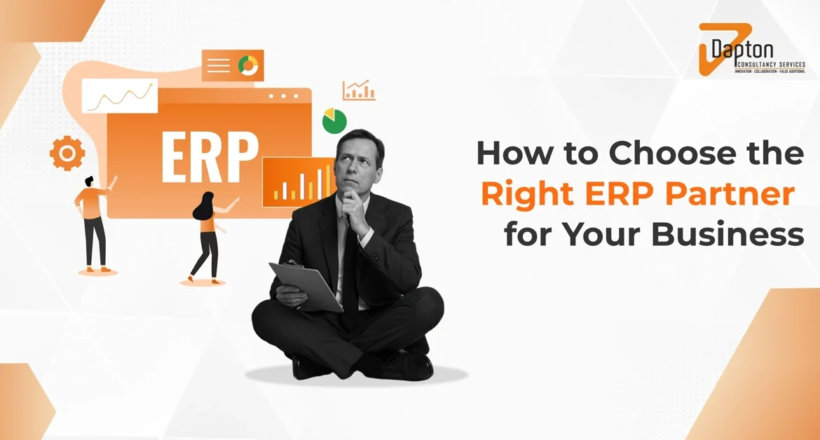 Businessman thinking in front of ERP dashboard illustration, representing the decision process in choosing the right ERP partner for your business, with supporting graphics and Dapton logo.