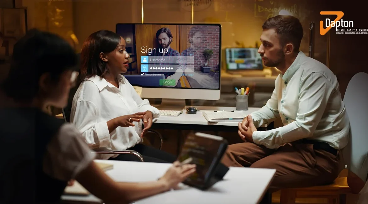 Team discussion on custom web application development with a signup interface – Dapton Consultancy Services.