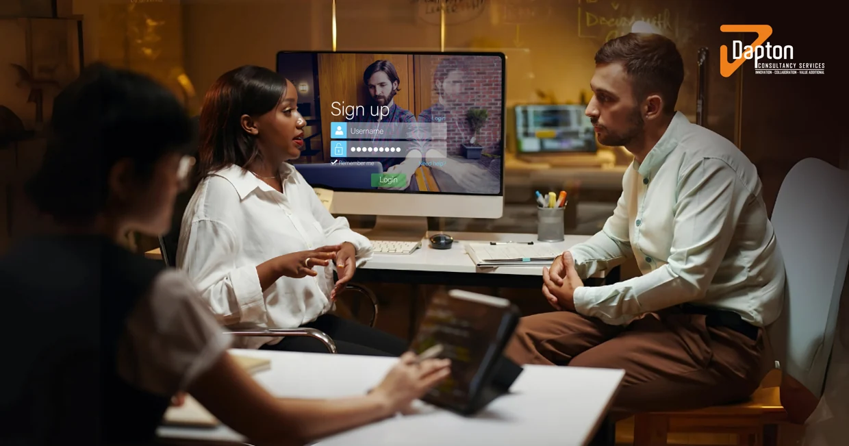 Team discussion Team discussion on custom web application development with a signup interface – Dapton Consultancy Services.