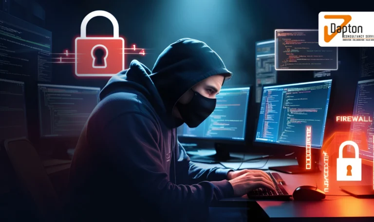 A masked hacker in a hoodie works on multiple monitors filled with code, surrounded by digital padlock icons and firewall graphics, representing cybersecurity threats and protection