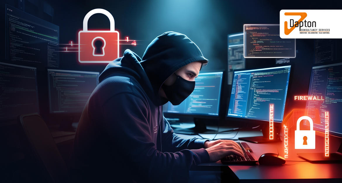Blof-9-banner-why-cybersecurity-is-non-negotiable A masked hacker in a hoodie works on multiple monitors filled with code, surrounded by digital padlock icons and firewall graphics, representing cybersecurity threats and protection