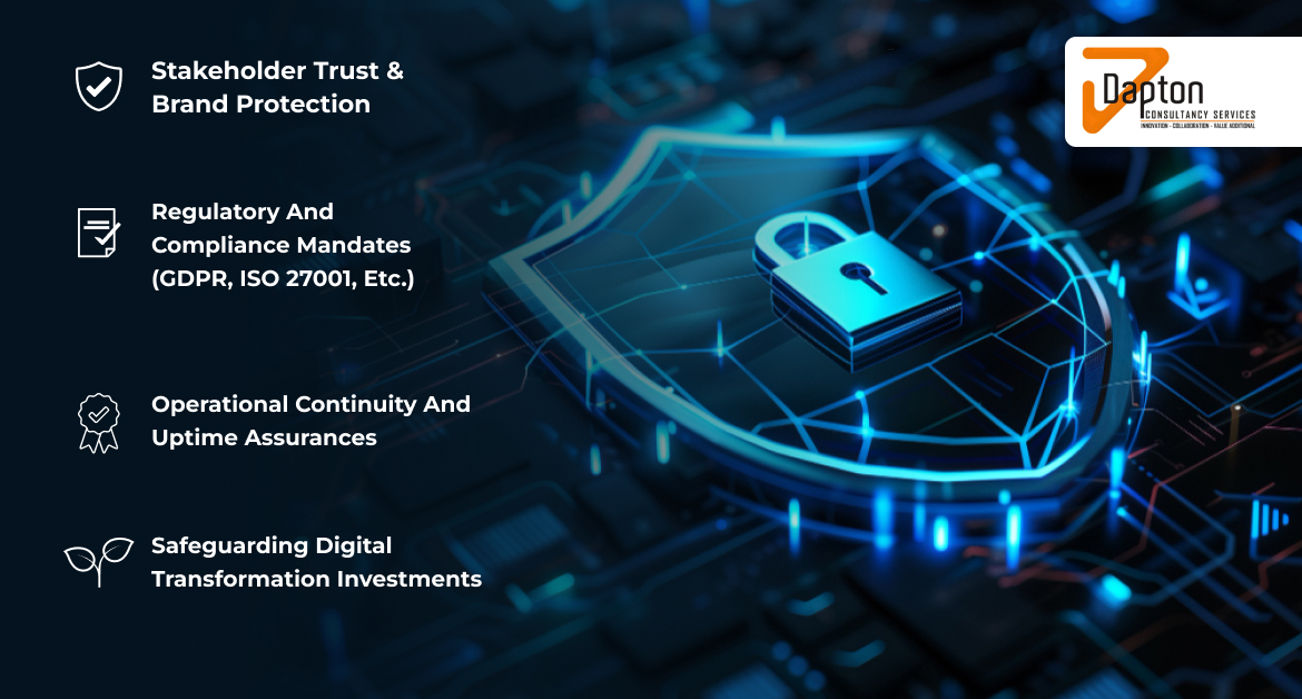 A glowing blue shield with a lock icon over a circuit board background, alongside bullet points highlighting stakeholder trust, regulatory compliance, operational continuity, and safeguarding digital investments, branded with the Lapton Consultancy Services logo.