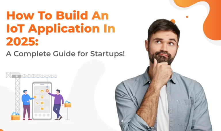 Illustration of a startup team planning IoT application architecture with cloud, sensors, and data analytics for connected devices in 2025.