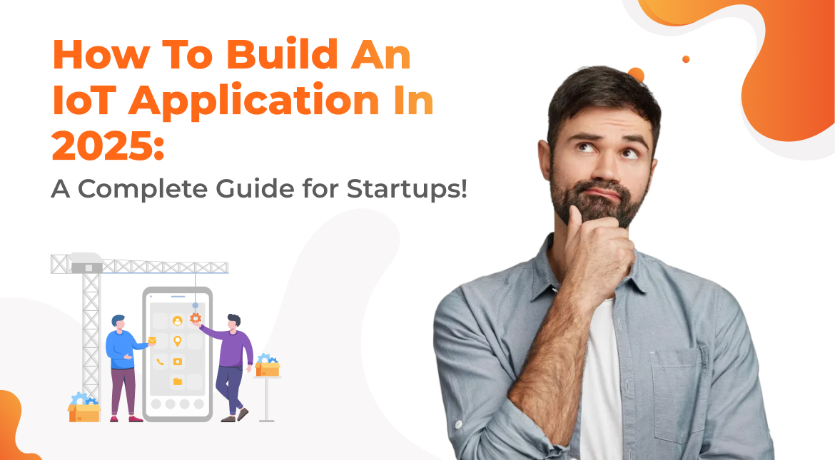 Illustration of a startup team planning IoT application architecture with cloud, sensors, and data analytics for connected devices in 2025.